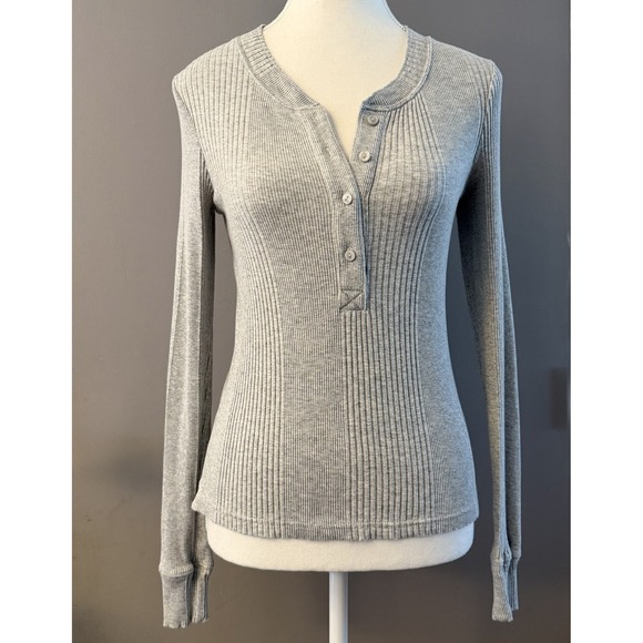 aerie Tops - Aerie Henley Long Sleeve Small Gray Y2K Ribbed Preppy Casual
